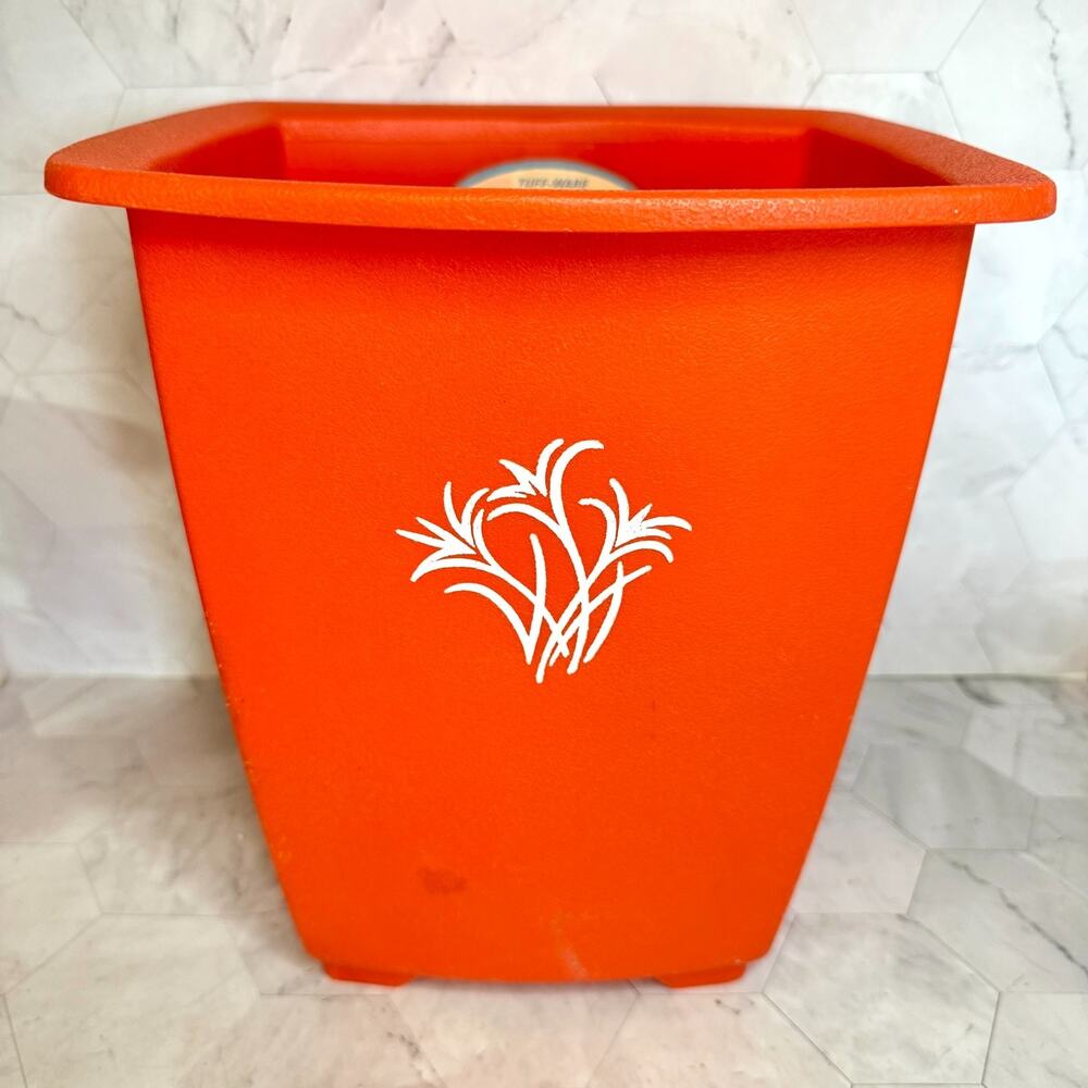 Vtg Sears Roebuck Tuff-Ware 8 Qt Rectangle Trash Bin Basket Orange White Flowers